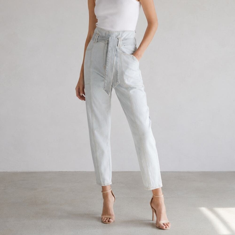 IRO Paris Vieno Denim Belted High Rise Tapered Leg Paperbag Jeans, size FR36/US4